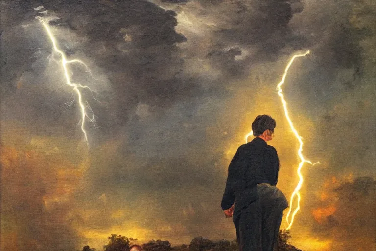 Prompt: a bereaved artist as his canvas gets struck by lightning, oil painting, extremely detailed, museum art