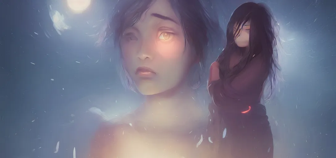 Image similar to Young Himalayan woman floating psychically confused | night time scene, plain walls |light hearted, white eyes, long messy hair | gentle lighting, futuristic, dim lighting, digital art by Makoto Shinkai ilya kuvshinov and Wojtek Fus, digital art, concept art,