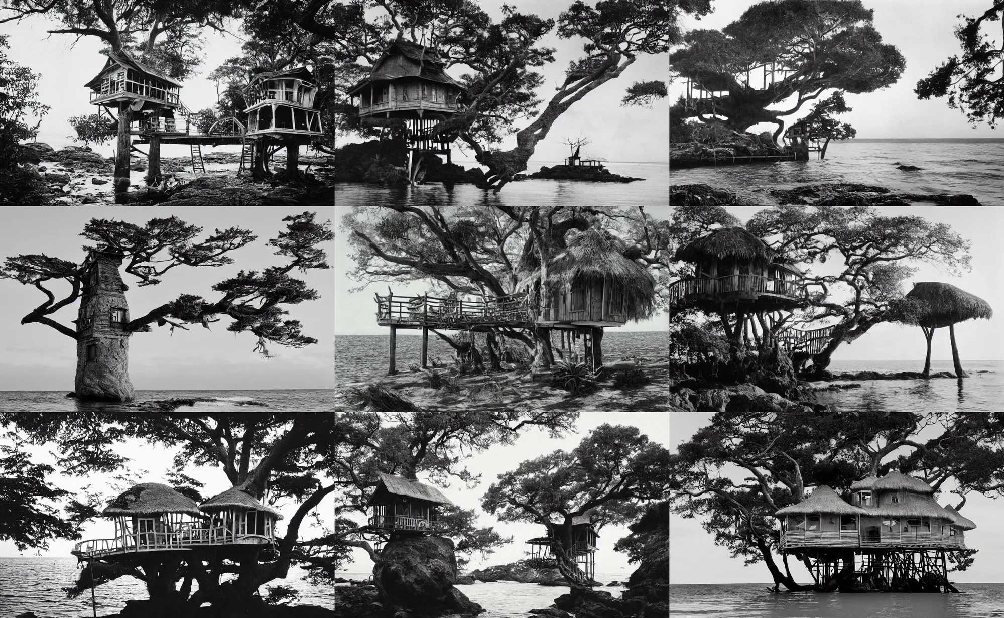 Prompt: old black and white photograph of a mystical island treehouse on the ocean