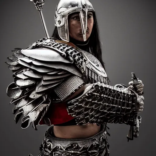 Prompt: warrior with metal eagle armour, highly detailed, dramatic lighting, cinematic, 4k
