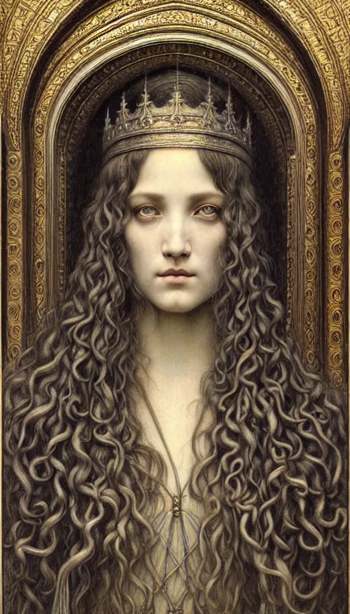 Image similar to detailed realistic beautiful young medieval queen face portrait by jean delville, gustave dore and marco mazzoni, art nouveau, symbolist, visionary, gothic, pre - raphaelite. horizontal symmetry