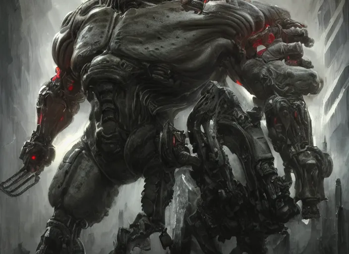 Image similar to arnold schwarzenegger as victor stone, full body concept, cyborg, borg, strogg, face of a man, terminator, flesh, quake strogg, doom demon, wolfenstein, monstrous, symmetry, symmetrical, concept art by ruan jia and greg rutkowski