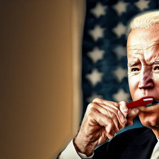 Image similar to hyperrealistic photograph of joe biden smoking a vape pen | smoke coming out of his mouth, artstation, 4 k