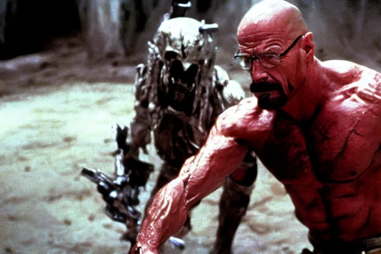 Prompt: film still of hyper-realistic walter white in Predator (1987) fighting the predator, wide shot, 4k