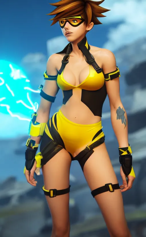 tracer game character, in black bikini, blonde hair