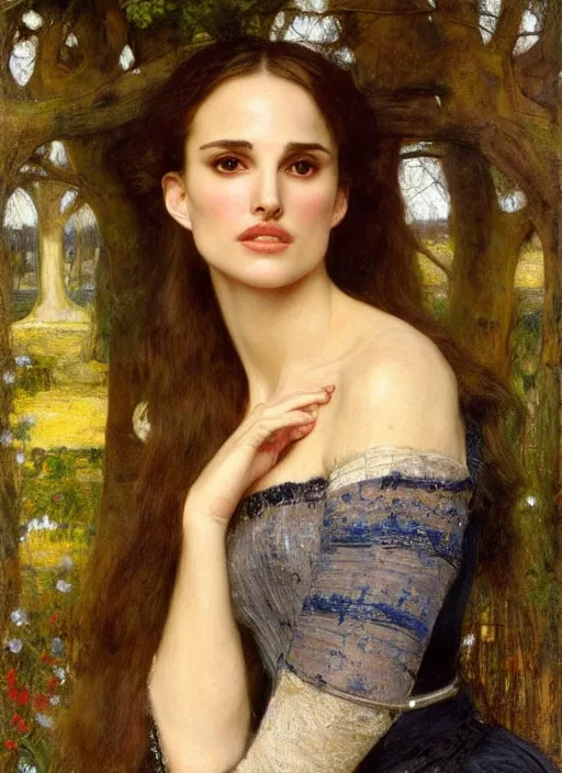 Image similar to a beautiful painting of natalie portman by John Everett Millais and Dante Gabriel Rossetti and John Collier and john william waterhouse, pre-raphaelite, detailed, trending on artstation, hd, masterpiece