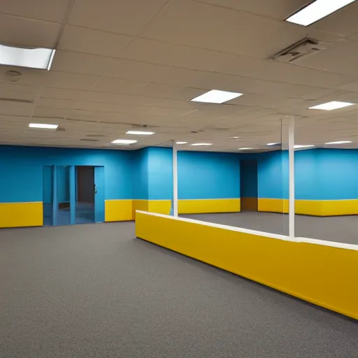 Image similar to A color film photograph of an empty endless office space, yellow walls, moist carpet, fluorescent lights, no furniture, no windows