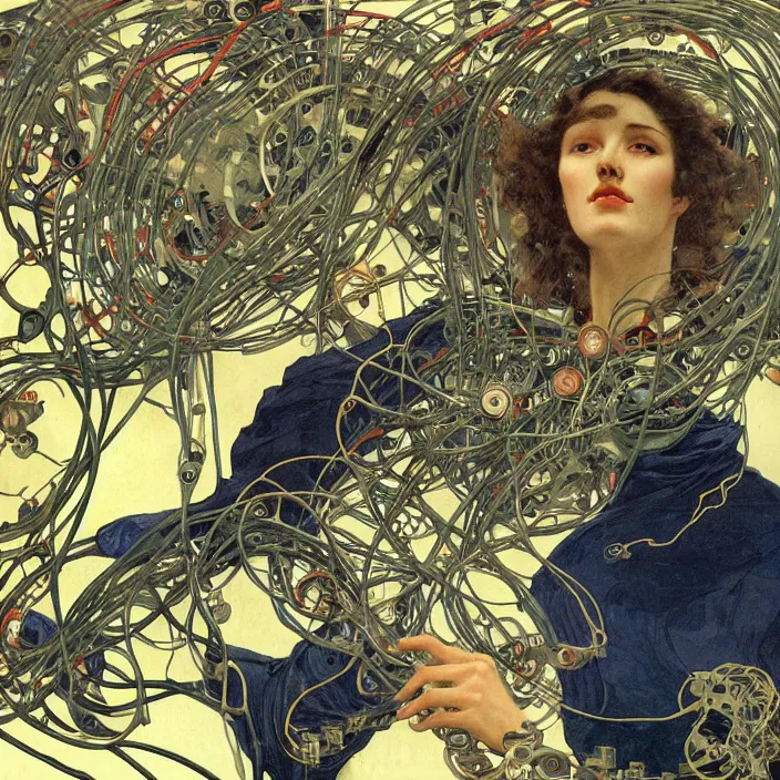 Prompt: zoomed out, a woman android in dark blue clothes holding a brain and neurons, in a room full of wires and computers and neural networks, realistic face, zoomed out, sci - fi, ai, 4 k realistic, artem demura. alphonse mucha.