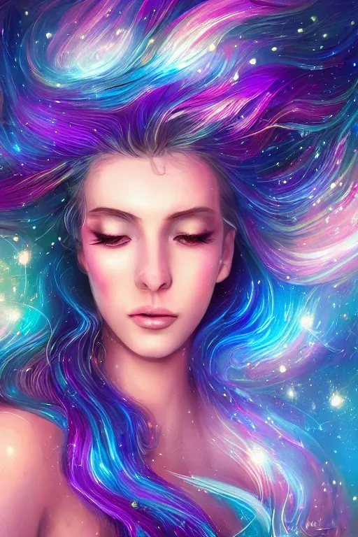 Prompt: a super realistic beautiful young womans face, magical, space stars and planets in her hair, windblown, intricate, synth-wave, retrowave, colorful, highly-detailed, elegant, dramatic lighting, gorgeous face, lifelike, photorealistic face, long luxurious intricate gown, digital painting, artstation, illustration, concept art, smooth, sharp focus, art by Jude Palencar, John Collier, artgerm, and Albert Aublet and Krenz Cushart and Artem Demura and Alphonse Mucha