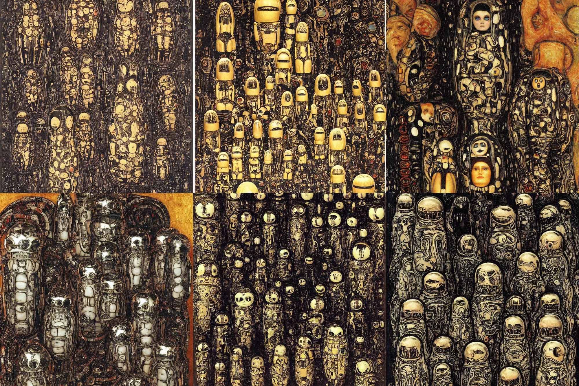 Prompt: aligned xenomorph nesting dolls, by h. r. giger and gustave klimt.