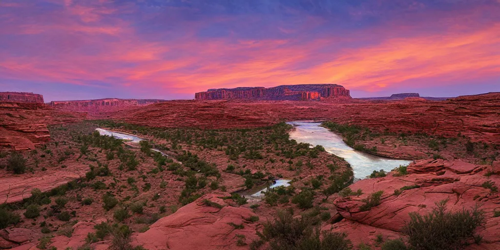 Image similar to “a river bend running through a canyon surrounded by desert mountains at sunset, moab, utah, a tilt shift photo by Frederic Church, trending on unsplash, hudson river school, photo taken with provia, national geographic photo”