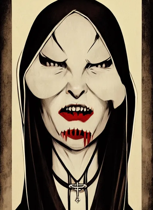 Image similar to scary female vampire nun, symmetrical face, evil grin, nun outfit, portrait size, cinematic, dramatic, super detailed and intricate, by koson ohara, by darwyn cooke, by greg rutkowski, by satoshi kon