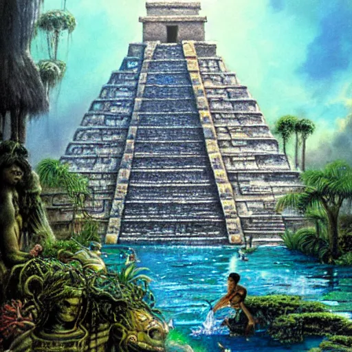 Prompt: mayan temple waterpark painting by brain froud, charles vess, cinematic lighting, epic composition, highly detailed