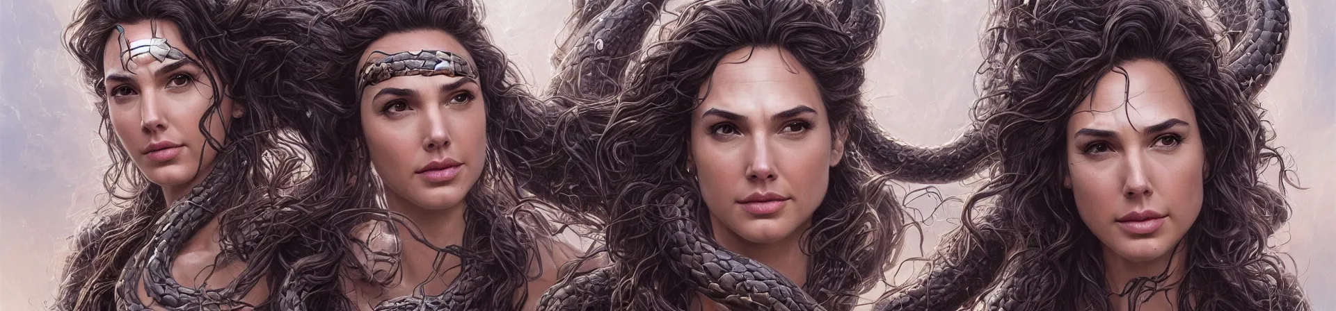 Prompt: beauty woman Gal Gadot with snakes for hair, Medusa, detailed face, surrounded by spiders, very detailed, dramatic lighting, electrical details, high details, 4k, 8k, trending on artstation, by Greg Rutkowski, Wayne Barlowe, Hajime Sorayama and Boris Vallejo