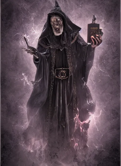Image similar to black magic sorcerer with a book of spells, book, dramatic, death, cinematic, ultra realistic, highly detailed, trending on artstation