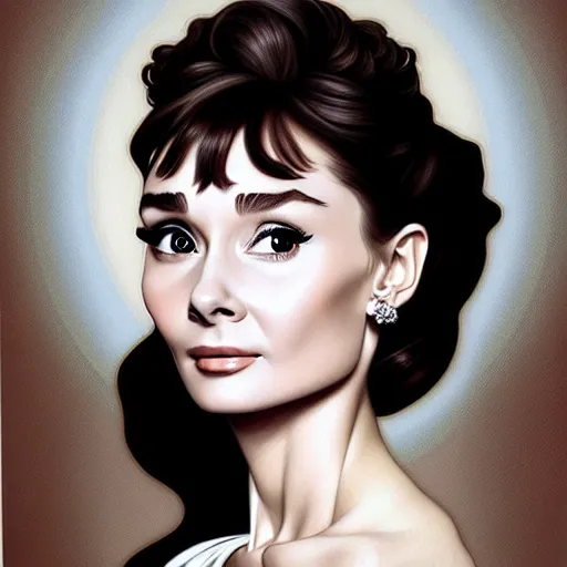 Prompt: audrey hepburn portrait, full of grace, very detailed and realistic oil painting, by artgerm and greg rutkowski and alphonse mucha