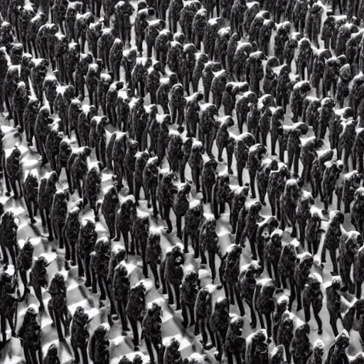 Prompt: wide angle cinematic shot, dramatic lighting, realistic lighting, lighting from left side, professional photography, 1 6 k photo of army of giant humanoid warriors made from concrete standing in rows in front of a camera