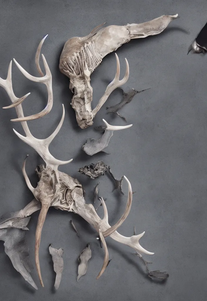 Image similar to delicate animal innards, antlers white bones ,melted wax, sharp slate. complementary color scheme. national geographic. 8k, rendered in octane, smooth gradients. narwhal