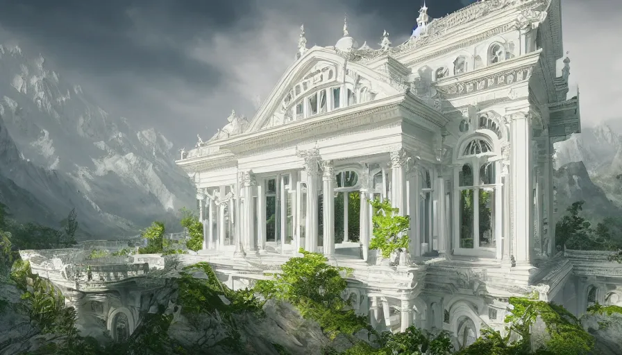 Image similar to Gorgeous white palace with big windows and columns built in the green giant mountains, hyperdetailed, artstation, cgsociety, 8k