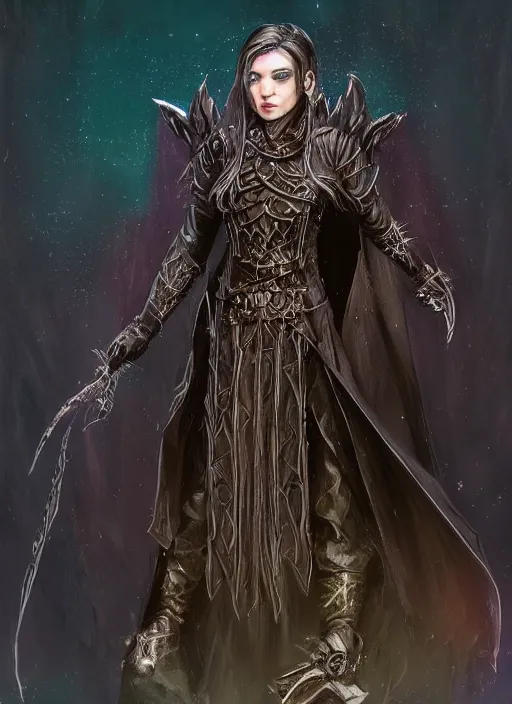 Prompt: dark black cloak female priest, ultra detailed fantasy, dndbeyond, bright, colourful, realistic, dnd character portrait, full body, pathfinder, pinterest, art by ralph horsley, dnd, rpg, lotr game design fanart by concept art, behance hd, artstation, deviantart, hdr render in unreal engine 5