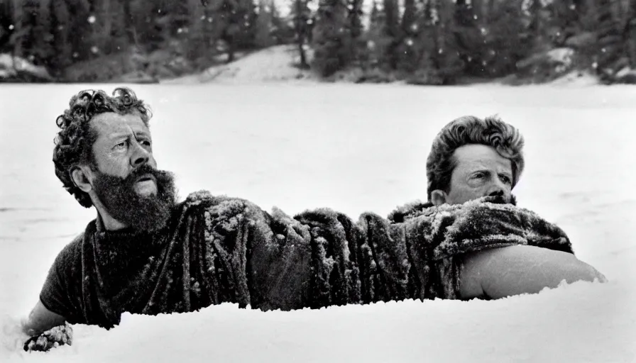 Prompt: 1 9 6 0 s movie still close up of marcus aurelius wearing chestplate and dape frozen to death under the snow by the side of a river with gravel, pine forests, cinestill 8 0 0 t 3 5 mm b & w, high quality, heavy grain, high detail, texture, dramatic light, anamorphic, hyperrealistic, detailed hair, foggy