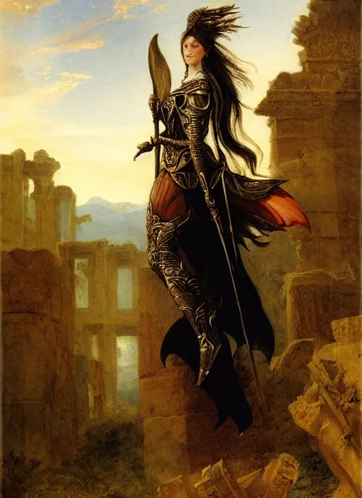 Image similar to woman in dark princess dragon armor, walking on the mystical ancient ruins. by william henry hunt