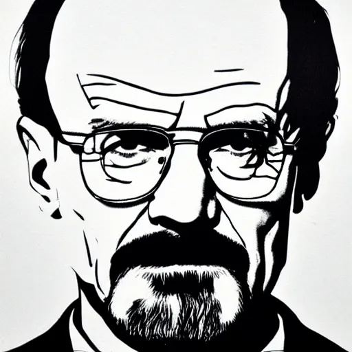 Image similar to a portrait of Walter White, made by Andy Warhol, two tone, very high contrast, only black and white, simplistic, extremely high contrast, two tone, notan art, by Andy Warhol, minimalistic,