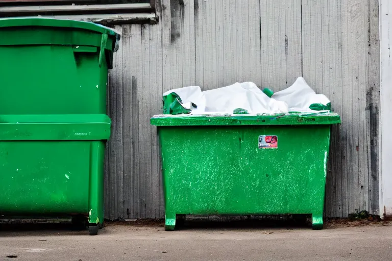 Image similar to two gigantic beat - up, and worn out green dumpsters against a totally white background