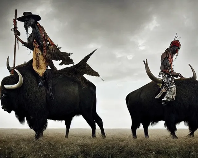 Prompt: incredible strange evocative artwork of buffalo hunters, buffalo midnight, l in the style of tim walker fashion photography, legend of buffalo hunters