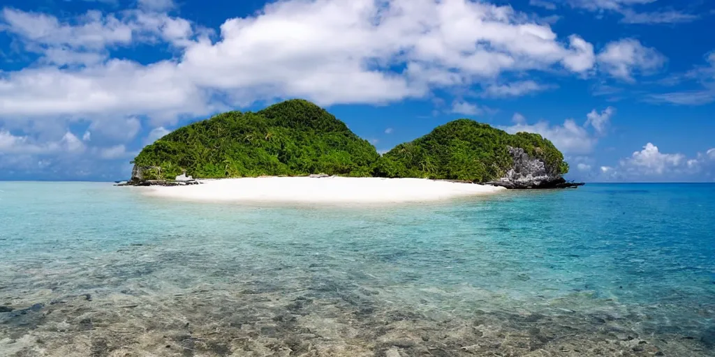 Prompt: photo of an small island with a white beach, stunning landscape