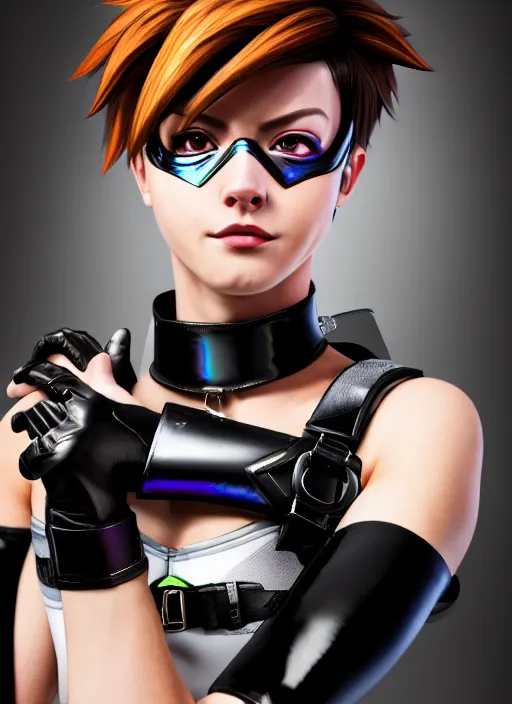 Image similar to hyperrealistic style portrait of tracer overwatch, confident pose, wearing black iridescent rainbow latex, 4 k, expressive happy smug expression, makeup, in style of mark arian, wearing detailed black leather collar, wearing sleek armor, black leather harness, expressive detailed face and eyes,