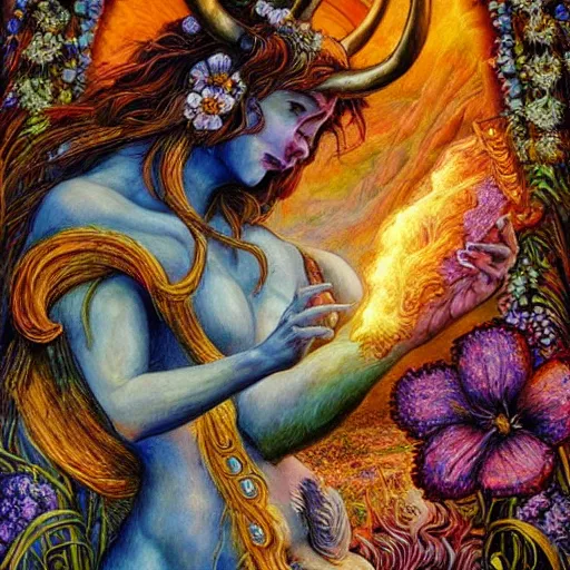 Image similar to horned ram goddess aries by josephine wall, trending on artstation, checking her phone, erupting volcano in distance, flowers in foreground, sunset, stars in sky, fantasy, zodiac, 8 k