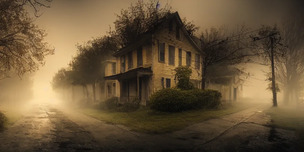 Prompt: creepy view into cul-de-sac dilapidated houses, fog, rain, volumetric lighting, beautiful, golden hour, sharp focus, highly detailed, cgsociety