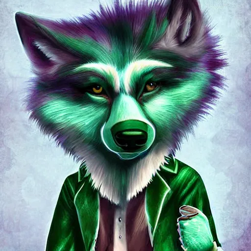 Image similar to Beautiful digital painting, anthro anthropomorphic pastel-green androgynous wolf, Punk outfit. lake