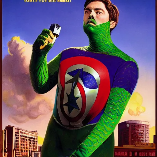 Image similar to action green suit Pigeon hero Sam Raimi and Jon Watts blockbuster movie poster, featuring Marvel Majestic Fat Pigeon in a extravagant full pigeon green body suit by Alex Ross, oil painting