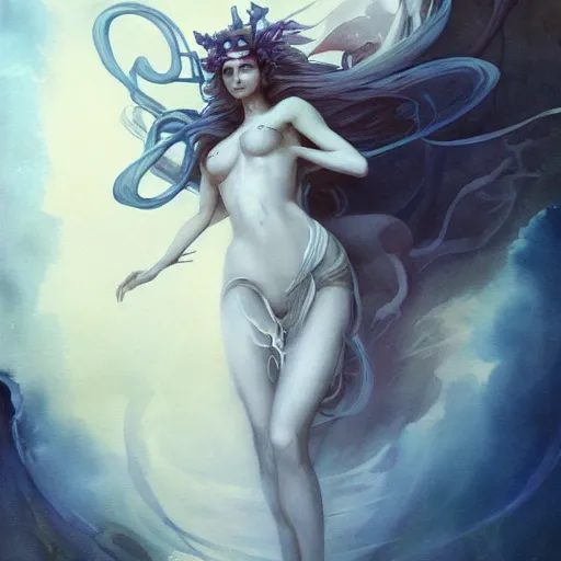 Prompt: full body portrait, long shot, of a beautiful goddess, sworming in flowers, magical, pale skin, blue eyes, long black hair, floating in a misty daze, by pete mohrbacher and greg rutkowski, watercolor painting,q deviantart, pinterest