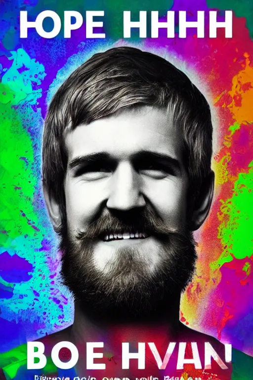 Image similar to inspirational style hope poster of bo burnham with beard by steven belledin, psychedelic colors, highly detailed, realistic, loving