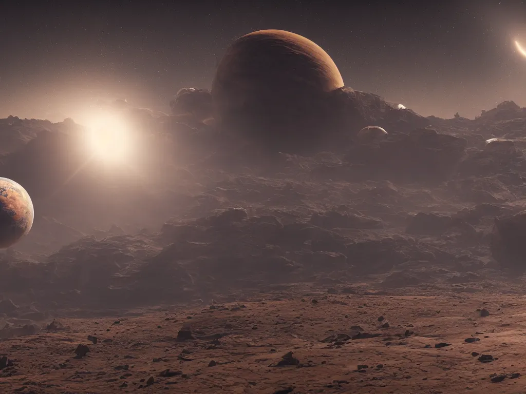 Image similar to a distant desert dystopian earth floating in outer space with full planet in view, dusty unreal engine, hyperrealistic, Cryengine 8k UHD