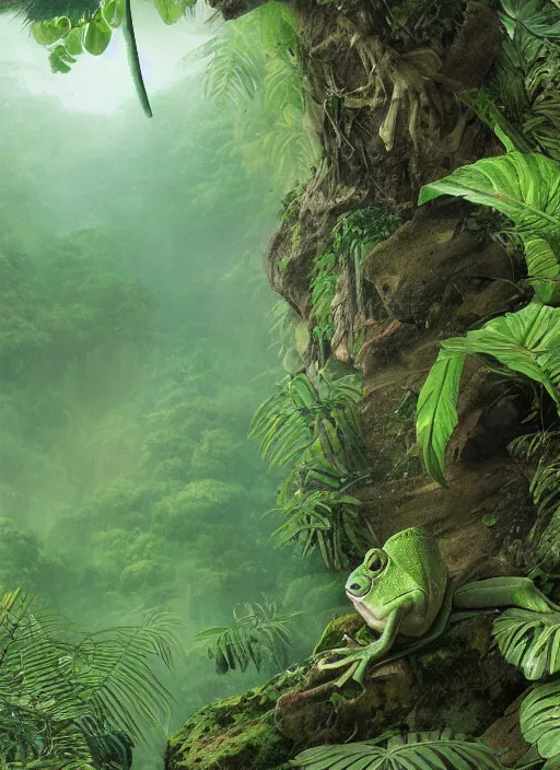 Image similar to a beautiful matte painting of a green frog in the jungle, kambo