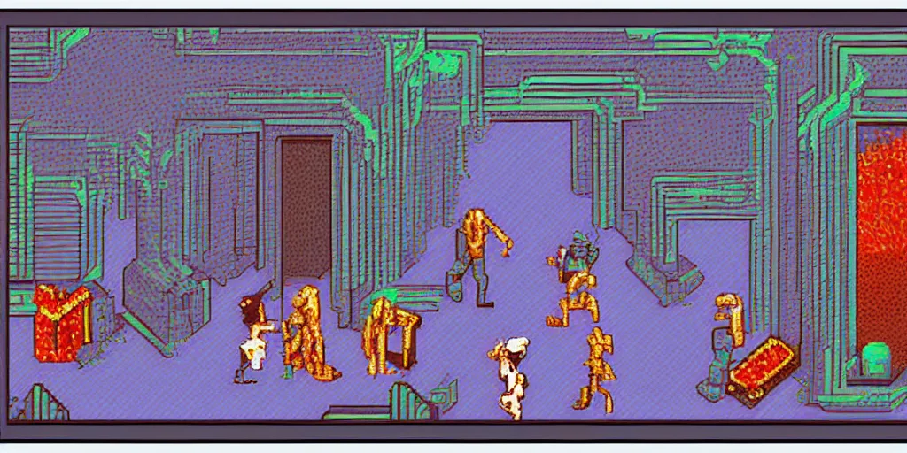 Prompt: glitchy pixelated Sega Mega Drive Genesis isometric sidescroller game of Suspiria, Twin Peaks in the style of H.R. Giger, Frank Frazetta and Todd McFarlane