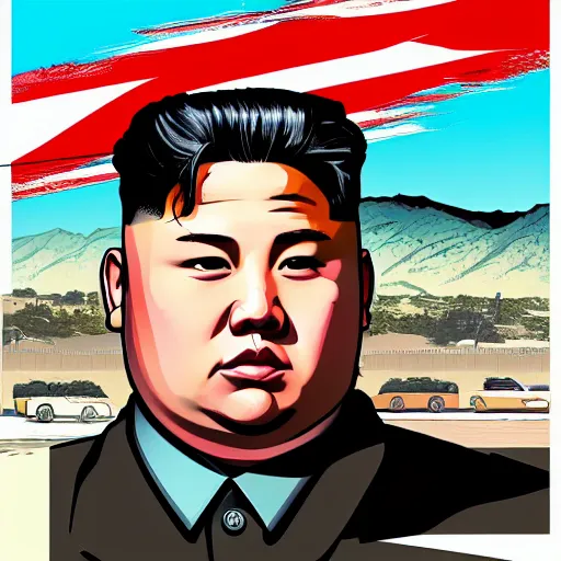 Image similar to illustration gta 5 artwork of kim - jong un, in the style of gta cover art, by stephen bliss