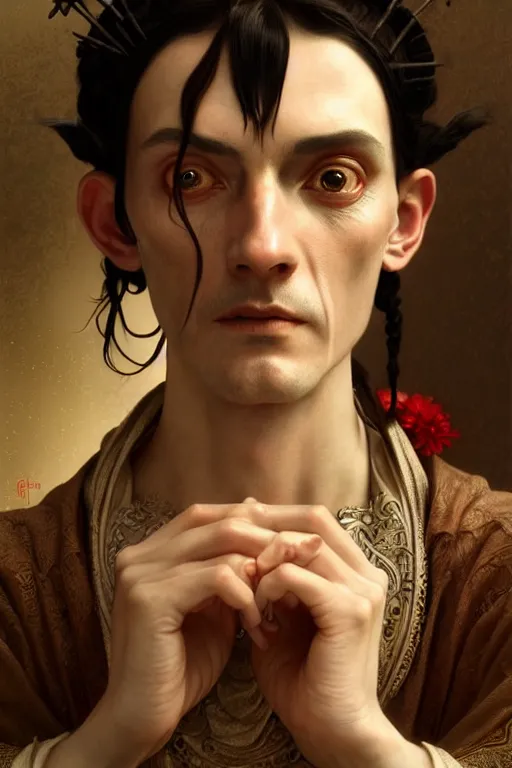 Prompt: ultra realistic, thin man in peasant clothes, black hair, brown eyes, occult jewelry, fantasy, intricate details, eerie, highly detailed, octane render, 8 k, art by artgerm and alphonse mucha and greg rutkowski