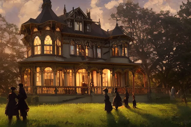 Image similar to an ornate victorian house, party in front, scene in an open field. 1 8 9 0, key visual, conceptart, ambient lighting, highly detailed, digital painting, artstation, concept art, sharp focus, by makoto shinkai and akihiko yoshida and greg manchess