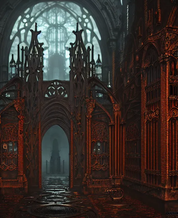 Image similar to steam necropolis, memento mori, gothic, neo - gothic, art nouveau, hyperdetailed copper patina medieval icon, stefan morrell, philippe druillet, ralph mcquarrie, concept art, steampunk, unreal engine, detailed intricate environment, octane render, moody atmospherics, volumetric lighting, ultrasharp, ominous, otherworldly