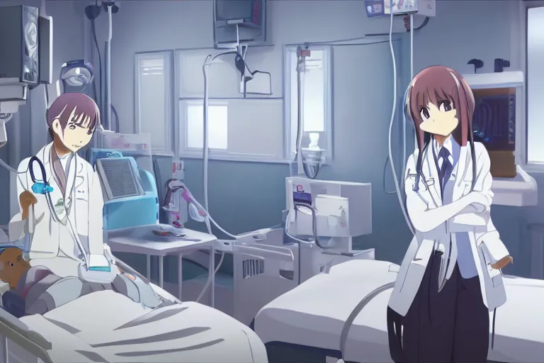 Image similar to a cute young lady, a doctor wearing white coat in hospital ward, slice of life anime, anime scenery by Makoto shinkai