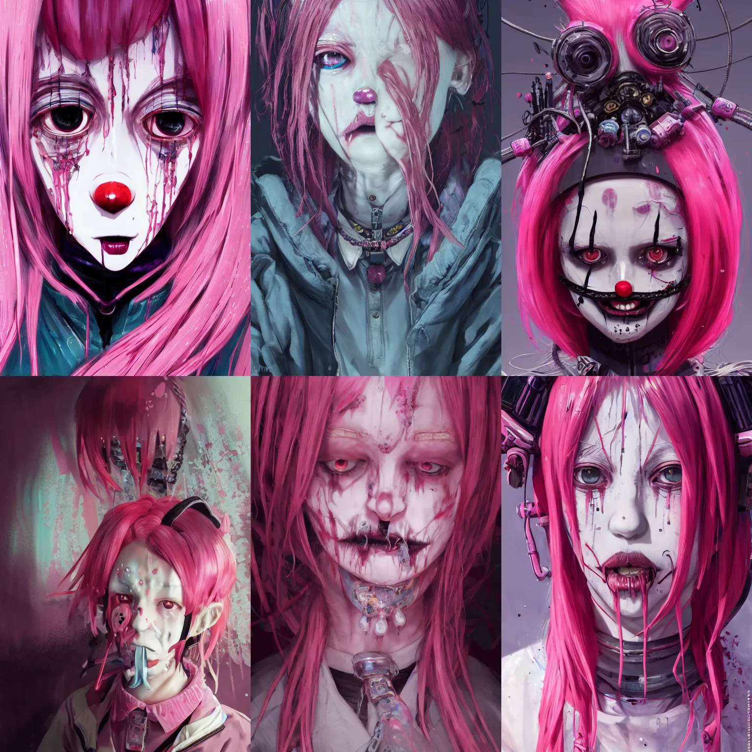 Image similar to by kyoto animation, very creepy clown girl pink hair, tears from the eyes, wearing cyberpunk intricate streetwear, beautiful, detailed portrait, intricate complexity, ilya kuvshinov, cell shaded, 4 k, concept art, by wlop, ilya kuvshinov, greg rutkowski, sharp focus, volumetric lighting, cinematic lighting