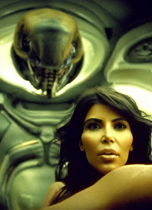 Prompt: film still of kim kardashian in the movie Alien, facehugger mounted on face, unconscious, cinematic shot, 4k.