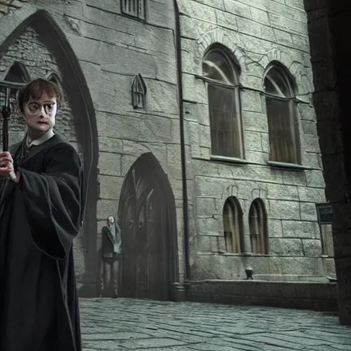 Image similar to Harry potter standing and holding a short wand, magic aura, side view, daniel radcliffe, thunderclouds, cinematic shot, wide shot, epic scale, waving robe movement, photorealistic detail and quality, intricate cobblestone, floating rocks, particle effects, movie still, nighttime, crescent moon, sharp and clear, action shot, intense scene, visually coherent, symmetry, rule of thirds, movement, photorealistic colors, cool colors transitioning to warm colors, modest tone, award winning, directed by Steven Spielberg, Christopher Nolan, Tooth Wu, Asher Duran, artstation