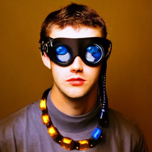 Prompt: kodak portra 4 0 0 photograph of a cybergoth guy wearing goggles and eclectic jewelry, moody lighting, telephoto, 9 0 s vibe, blurred background