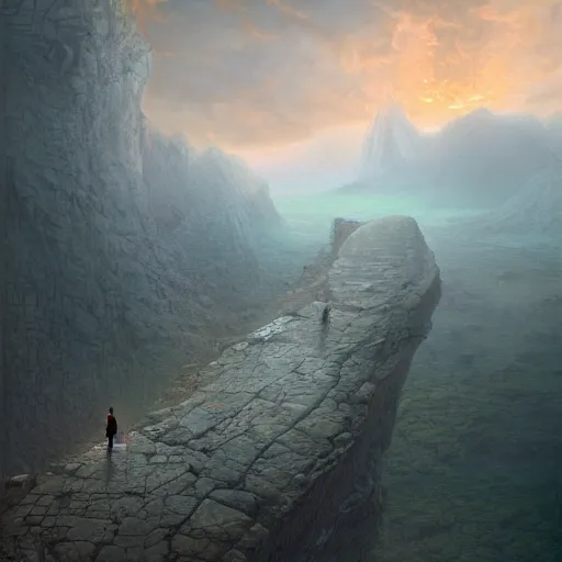 Image similar to a painting of a man falling through his memories, a detailed matte painting by marc simonetti, deviantart, terragen, pastel sky, trending on artstation